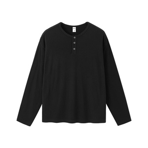 Unisex Cream Long Sleeve <b>Henley</b> <b>Shirt</b> Button Up Collar Regular Fit Knitted Cotton Casual Pullover Autumn Style - Product Image 3