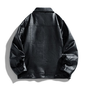 Chaqueta de Cuero Negra de Alta Calidad, Estilo Motero Clásico, Corte Ajustado, Resistente al Viento, para Hombre - Product Image 4