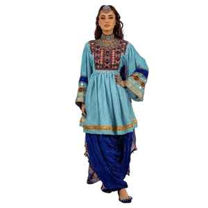 Robe de mariée afghane Kuchi faite à la main, tie-dye bleu et blanc, longueur genoux, avec broderies multicolores et travail de miroirs. - Product Image 1
