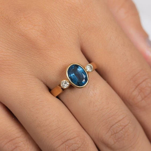 18K Gold Three Stone Sapphire and <b>Diamond</b> <b>Ring</b> for Women - Product Image 1