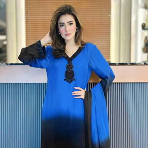 Ensemble Kurti et pantalon en soie crêpe française de qualité supérieure avec dupatta – Broderie perlée pour tenue de soirée - Product Image 1