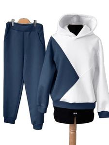 <b>Women</b> Winter Plus Size Matching Sports Suits Color Block Hooded Tops Elastic Waist <b>Sweatpants</b> Sets Casual Loose 2pcs Outfits - Product Image 4