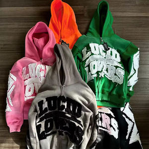 ชุดวอร์มปักลายสไตล์ดิสเทรสสองชิ้นสำหรับฤดูหนาว กางเกงขายาวประดับคริสตัลสีซีดจางและเสื้อฮู้ดซิปสำหรับผู้ชายและผู้หญิง - Product Image 2