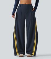 Pantalon de danse sportif taille haute pour femme, coupe élégante, blocs de couleur, rayures latérales, jambe large, poches plaquées