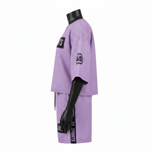 Conjunto de pantalones cortos de malla para mujer, tela de malla de poliéster transpirable, panel lateral con logo personalizado por transferencia térmica, conjuntos para mujer 100% algodón - Product Image 3
