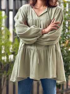 Robe Courte Décontractée en Gaze de Coton pour Femme, Manches Longues Ample, Style Bohème, à Volants, Manches Bouffantes, Fluide, pour l'Été - Product Image 6