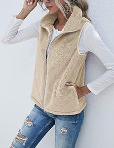 Chaleco Casual de Mujer Beige de Forro Polar Sherpa con Cremallera Completa, Cuello Alto, Cálido y Suave, Sin Mangas, Calentador Corporal, OEM - Product Image 5