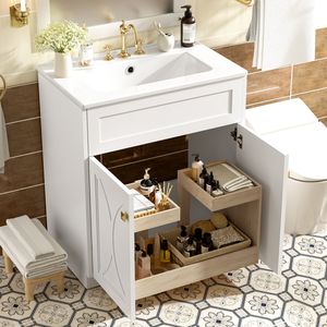 Meuble-lavabo autoportant moderne de 30 pouces avec vasque en céramique intégrée, armoire de rangement à fermeture douce et poignées dorées - Product Image 2