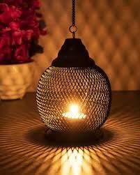 <b>Red</b> and Black Metal Hanging Tea Light Lanterns | Decorative Mesh <b>Candle</b> Holders with Chain for Balcony, Garden, Home & Festive - Product Image 4