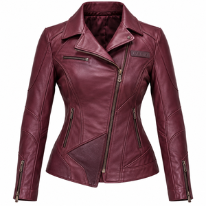 Burgundy Wine Red <b>Women</b> Real Lambskin Leather Biker <b>Jacket</b> Geometric Stitched Panel Asymmetric Zipper Lapel Outerwear - Product Image 1