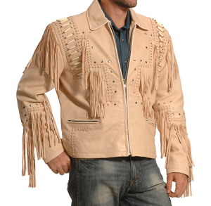 Men's Vintage Embroidered Front Logo <b>Fringe</b> Leather <b>Jacket</b> Western Style Zip Regular Fit Windproof Breathable Winter Outerwear - Product Image 3