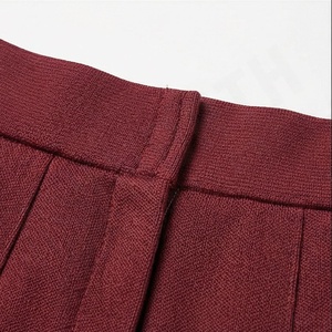Women's Burgundy Pleated Mini <b>Skirt</b> Sporty A Line Short <b>Skirt</b> with <b>White</b> Stripe Hem - Product Image 4