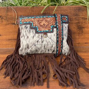 Bolso cruzado con flecos de cuero con pelo occidental para mujer, bolso con borlas florales de cuero genuino personalizado, bolsos de piel de vaca - Product Image 3