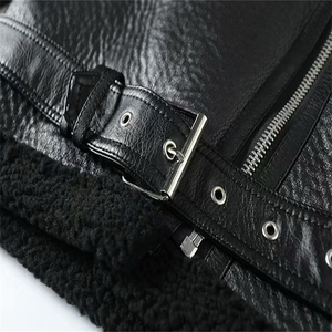 Veste moto en cuir PU pour femme, col montant, manches longues, fermeture éclair, couleur unie, veste de motard, hiver, coupe-vent, fausse fourrure épaisse - Product Image 5