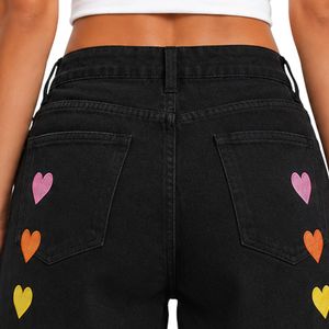 Shorts de Mezclilla para Mujer con Bordado de Corazón Arcoíris Negro, Cintura Alta, Corte Holgado Informal, Dobladillo Enrollado, Algodón, Moda Verano - Product Image 6