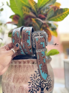 Nouveauté Ceintures en cuir travaillées à la main Ceintures élégantes faites à la main Couleur turquoise Boho Vintage Ceintures en cuir élégantes de style western - Product Image 3