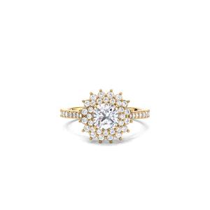 Bague de fiançailles vintage en or jaune 14 carats avec moissanite taille coussin et double halo, bague de mariage avec bande pavée - Product Image 1
