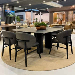 Juego de Comedor Moderno de Lujo, Madera de Teca Negra, Sillas Tapizadas, Fabricante de Muebles de Indonesia - Product Image 1