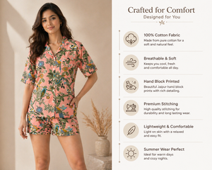 Artisanal Pink Bird Print Night Suit - Breathable Cotton Button-Up Shirt and Shorts Set - Jaipur Hand Printed Women Sleepwear - Product Image 6