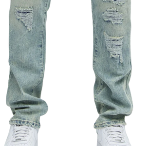 <b>Mens</b> Light Blue Distressed Denim <b>Jeans</b> Regular Fit <b>Ripped</b> Five Pocket Casual Pants Vintage Washed Streetwear Fashion Trousers - Product Image 5