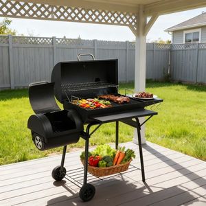 557 Sq. In. Outdoor <b>BBQ</b> Grill with Offset Smoker Warming Rack Patio Backyard Barrel Charcoal Grill - Product Image 5