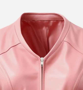 Women Pink Genuine Leather Stand Collar V Neck Zipper Closure Lightweight Casual Outerwear Sleeveless Solid Color Waistcoat - Product Image 6