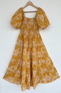 Yellow Floral Smocked Bodice Short Sleeve Lightweight Cotton <b>Summer</b> Maxi <b>Dress</b> Women's Spring <b>Dress</b> <b>Bohemian</b> Fashion Clothing - Product Image 1