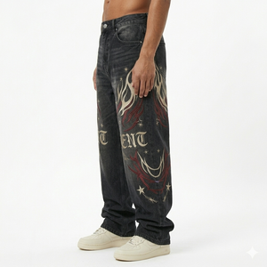 กางเกงยีนส์เดนิมทรงหลวมสไตล์วินเทจสำหรับผู้ชาย น้ำหนัก 13 ออนซ์ ผ้ายีนส์ฟอกสีแบบ Stone Washed  ปักลาย สตรีทแวร์ ทรงหลวม ใส่สบาย สำหรับฤดูใบไม้ผลิ รับผลิตแบบ OEM ODM - Product Image 3