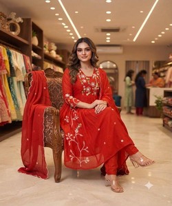 <b>red</b> <b>Silk</b> embroidered kurti casual wear Autumn women's kurti India Pakistan style Elegant cotton kurti 86313 LEMBOGEE- LG-2131 - Product Image 2