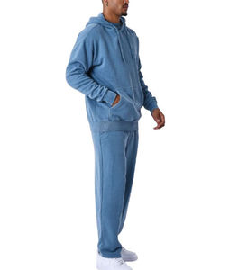 Ensemble de survêtement à capuche bleu délavé pour homme, 100 % coton, coupe décontractée, couleur unie, pour l'hiver - Product Image 2