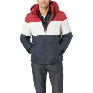 <b>Men's</b> Winter <b>Puffer</b> <b>Jacket</b> Hooded Color Blocking Red <b>White</b> Navy Zipper Closure Windproof Casual Outerwear - Product Image 1
