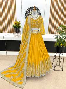 LEHENGA CHOLI FANCY EN GEORGETTE AVEC BRODERIE ET PAILLETTES, ET DUPATTA JAUNE 68103 - Product Image 1
