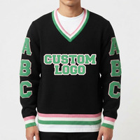 Pull en maille à col en V noir avec bordure rose et verte, logo en chenille, style décontracté, vêtements grecs pour femmes