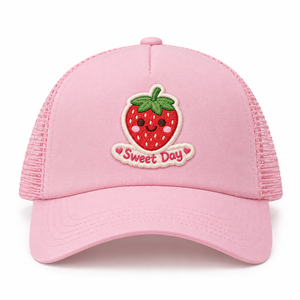Casquette Trucker 5 Panneaux Rose Pastel en Gros avec Logo Personnalisé Mignon, Écusson Tissé, Dos en Maille Respirante et Fermeture Snapback Ajustable - Product Image 1