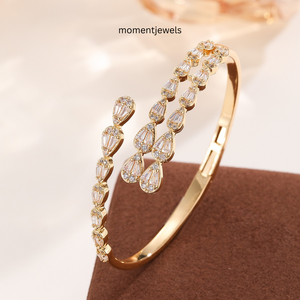 <b>Copper</b> Zircon Open <b>Bangle</b> Cuff Bracelet Pear Cut and Round Stone Classic Water Drop Design Jewelry for Wedding Party Gift - Product Image 4