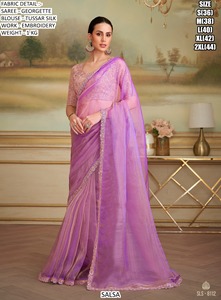 Sari Rosa de Georgette Bordado para Mujer Urban Bloom, con Tecnología Antiarrugas y Absorción de Humedad, Ideal para Fiestas - Product Image 1