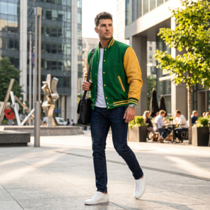 Chaqueta Varsity Personalizada Verde Lorito de Lana Teñida para Invierno, Bordado Profesional, Cortavientos Transpirable para Universidad - Product Image 6