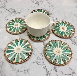 Latest Design 2026 Tea Coaster Set With Resin & MOP Inlay Rattan & placemat Drink coaster At <b>Low</b> Price For Kitchen Hotel Use - Product Image 1