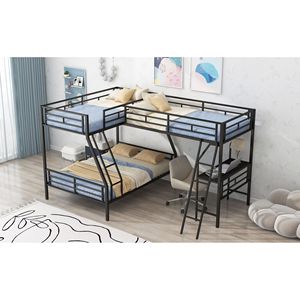 Black Metal Twin Over Full Bunk <b>Bed</b> with Attached Twin Loft and Desk for Kids' <b>Space</b> <b>Saving</b> Solution - Product Image 4