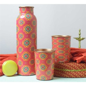 Handmade Pure Copper Water <b>Bottle</b> Set Hammered Engraved Ayurvedic Health Benefit Leakproof Copper Vessel Yoga Gym Sports <b>Flask</b> - Product Image 5