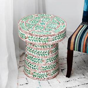Taburetes cilíndricos con diseño floral verde y rosa, mesa auxiliar pequeña de mosaico artesanal con madreperla para decoración de sala de estar y dormitorio. - Product Image 4