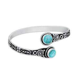 Adjustable Gemstone for Women's Parties Weddings New Tow Stone Turquoise <b>Silver</b> Plated Bohemian Style Geometric <b>Bangle</b> <b>Bracelet</b> - Product Image 4