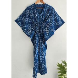 Vestido Kaftán de Algodón con Estampado Floral Azul, Cuello en V, Estilo Bohemio, Holgado, Informal, para Vacaciones de Verano - Product Image 1