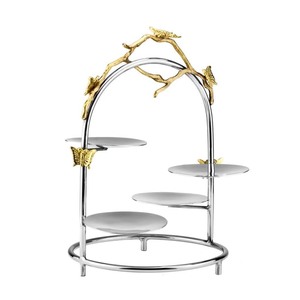 Support à gâteau multi-niveaux en acier inoxydable avec motif papillon doré, présentoir à desserts fait main - Product Image 1