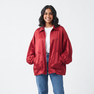 Oversized Women Satin Bomber Jacket Turn Down Collar Pockets Satin Jackets Streetwear Winter Satin <b>Coat</b> <b>Ladies</b> - Product Image 6