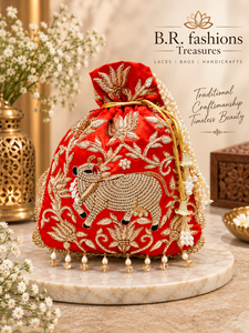 B.R. Bolsa de Cordón con Bordado de Vaca en Seda Roja de Lujo, con Borlas de Perlas, Hecha a Mano con Artesanía Tradicional - Product Image 2