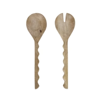 Ensemble de 2 cuillères et fourchettes à salade en bois de manguier faites à la main, avec manche ondulé sculpté à la main, pour la cuisine, la maison et les restaurants - Product Image 1