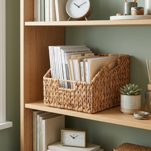 Panier à magazines en jacinthe d'eau tressé à la main avec poignées, organiseur de fichiers en osier naturel, bac de rangement pour bureau, maison, étagère, bureau - Product Image 5