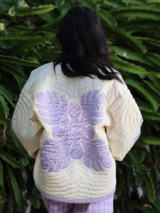 Premium <b>White</b> Color Quilted Kimono Hawaii Jacket Comfortable Botanical Leaf Pattern V Neck Loose Fit Dropped Shoulder For Ladies - Product Image 6