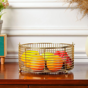 Round Metal Gold Plated Decorative <b>Wire</b> <b>Basket</b> Diwali Gift Hamper Storage Fruit Vegetable Organizer With Handle - Product Image 4